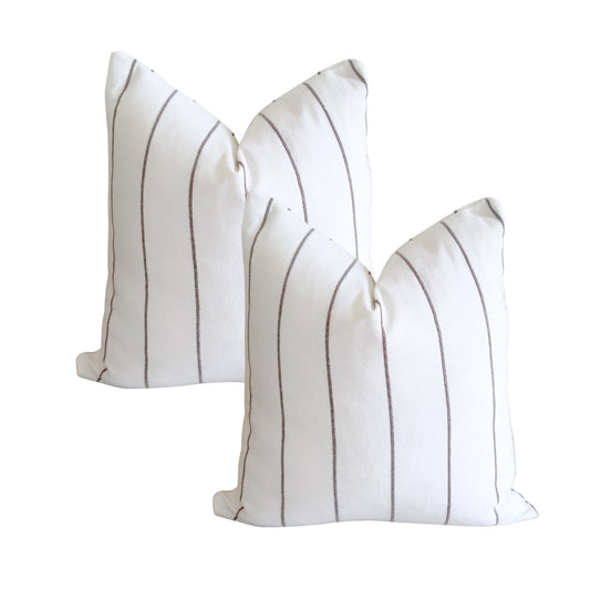 Set of 2 flax white jacquard cushion covers with elegant brown linear lines.