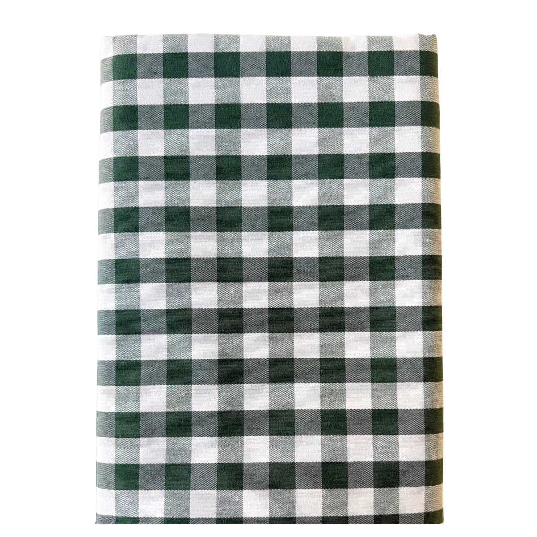 Green and cream gingham rectangular water repellent tablecloth folded.