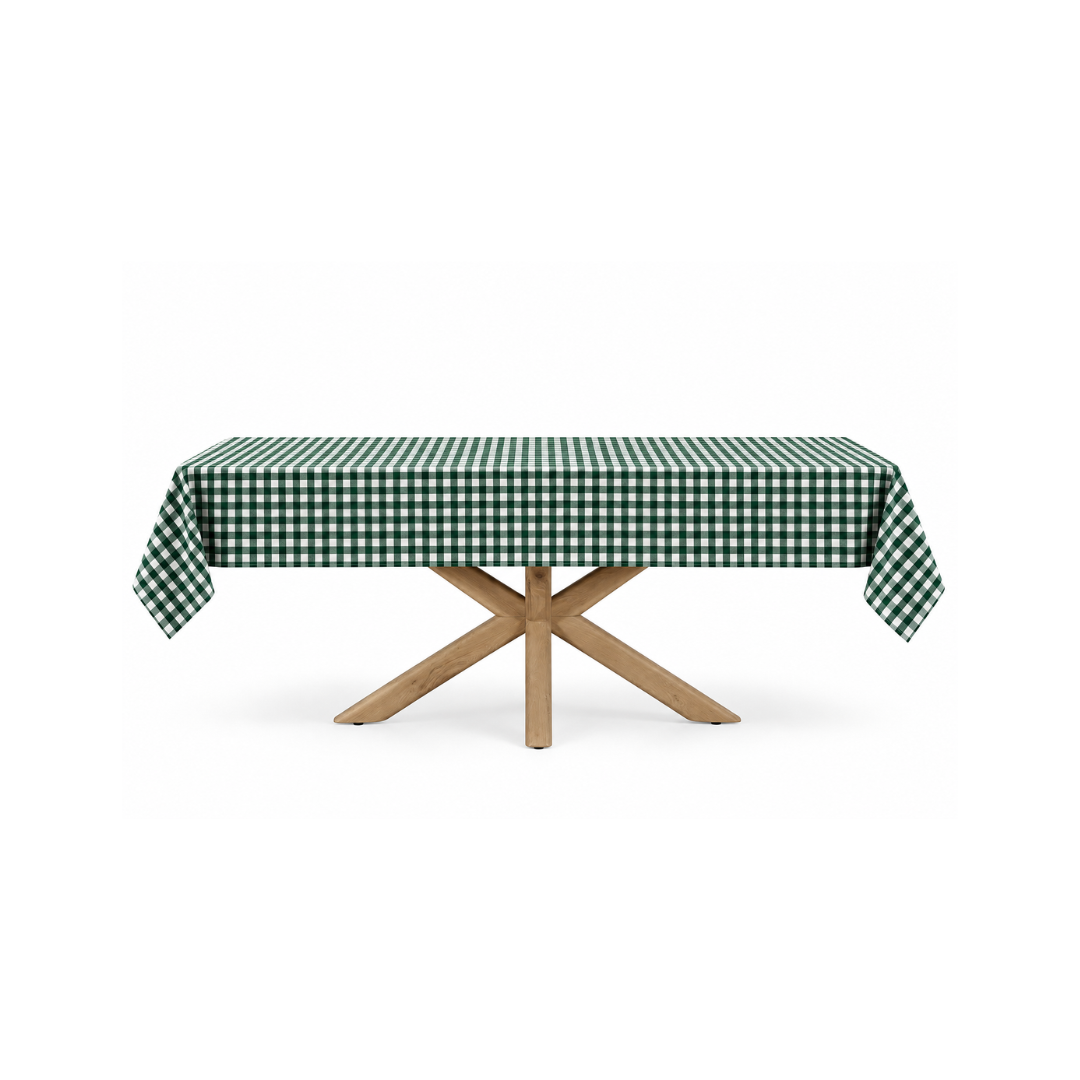 Green gingham rectangular tablecloth displayed on a modern wooden dining table.