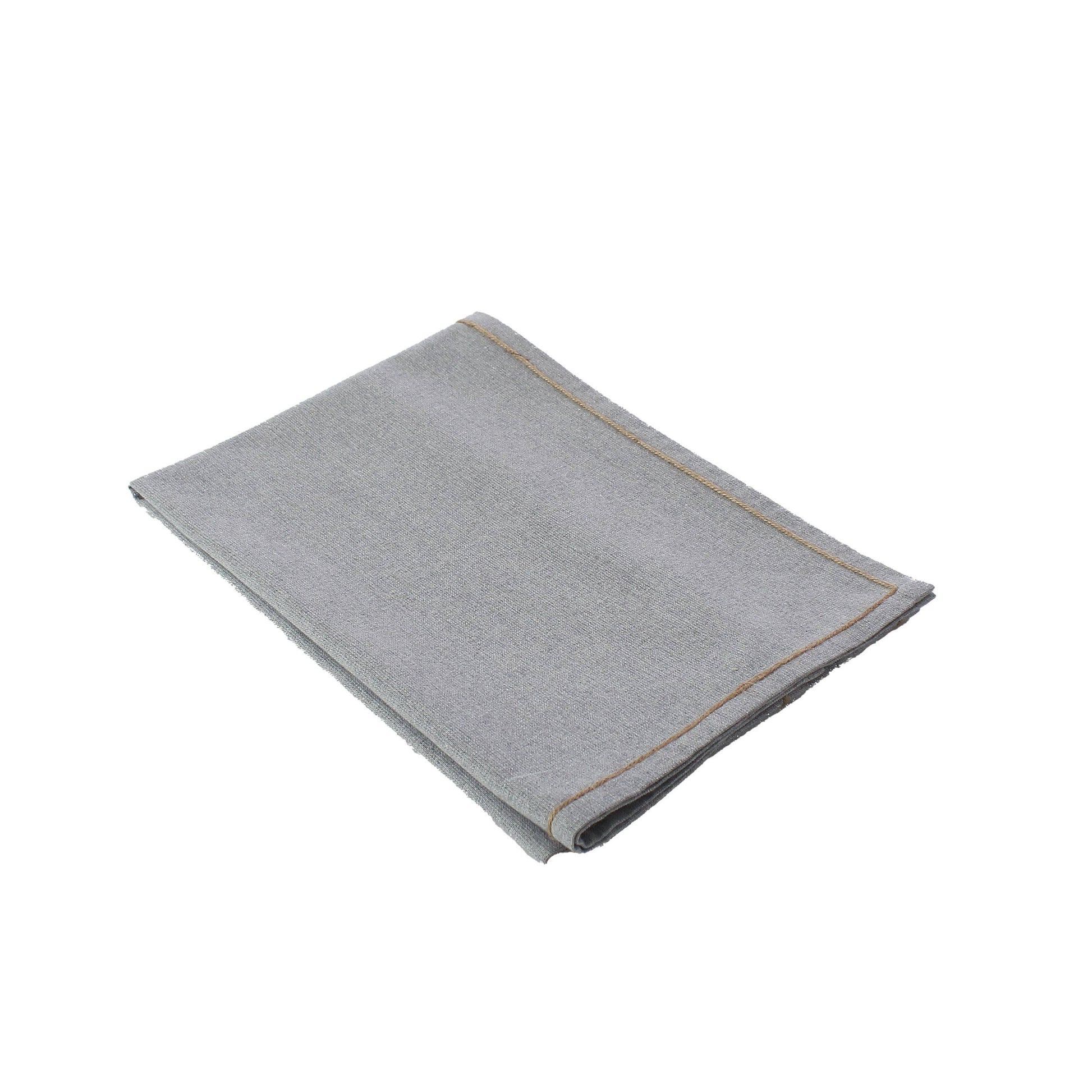 Silver ash grey water repellent table runner with handcrafted natural jute trim made from textured recycled cotton.