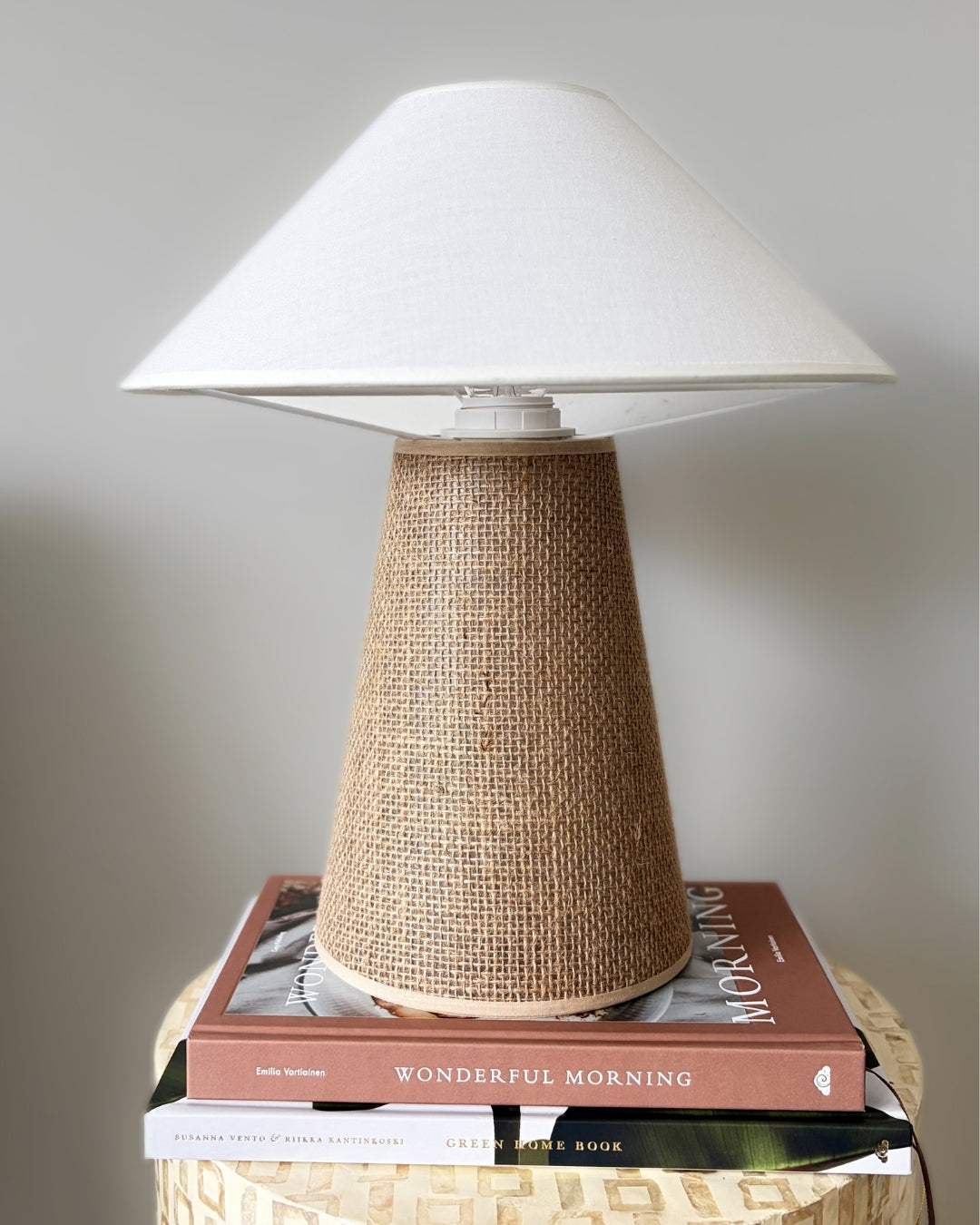 Macro detail of the handcrafted natural sisal weave on the base of the Sculpt artisan lamp.
