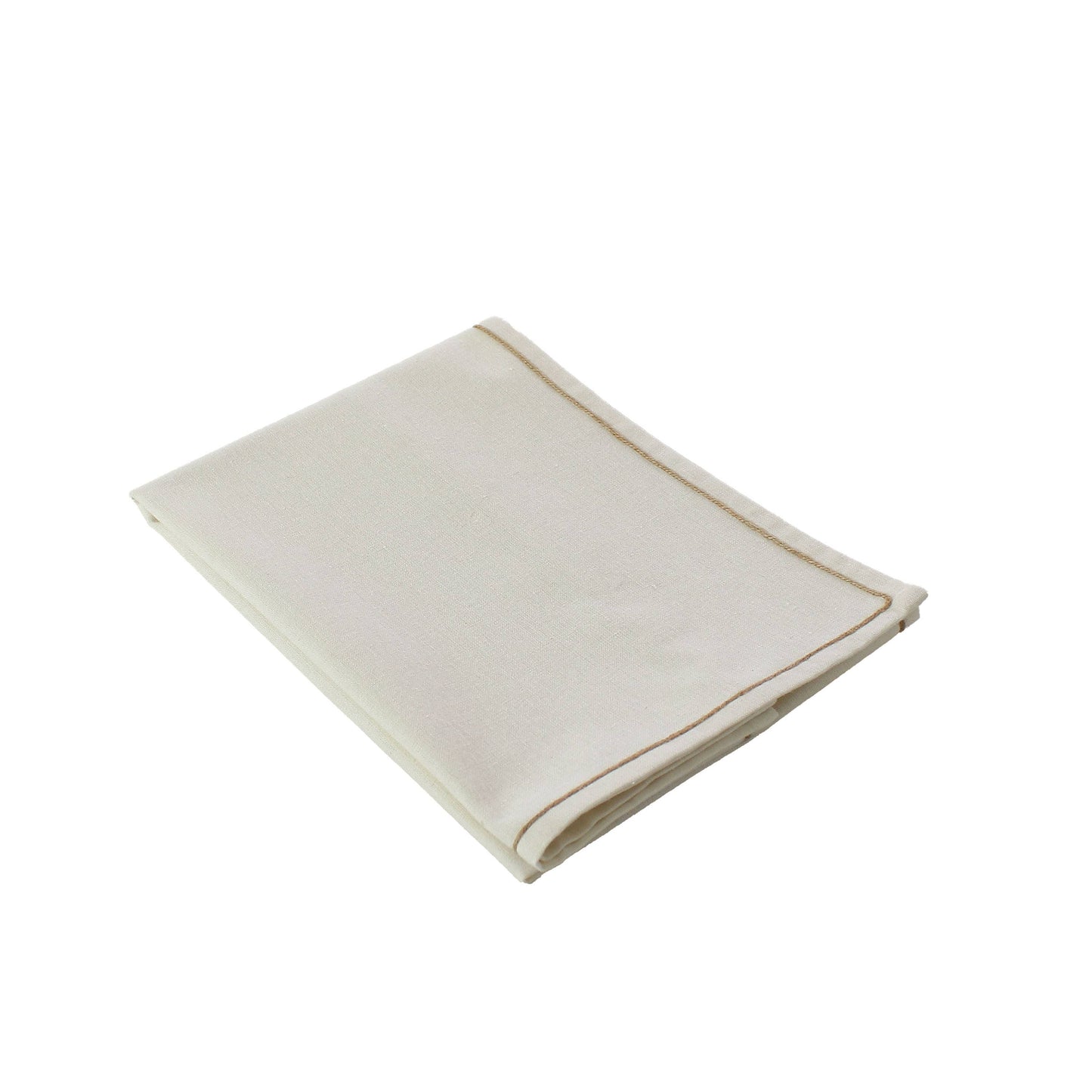 Natural beige water repellent table runner with handcrafted jute trim made from textured recycled cotton in sand tones.