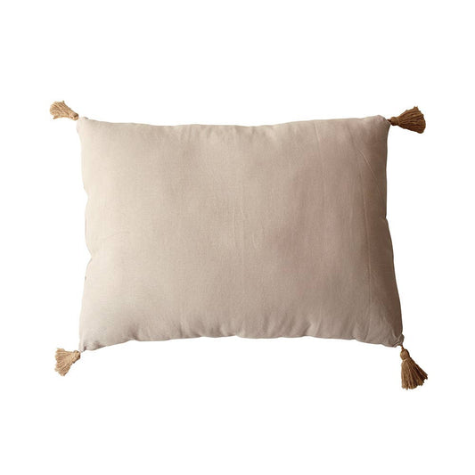 Grand 50x70cm Natural Beige bed pillow with handcrafted jute tassels styled as a coastal accent on an organic modern bedding set.