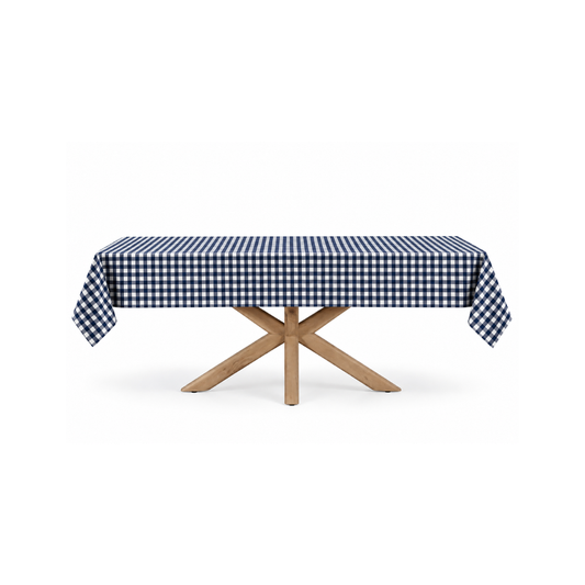 Navy blue gingham rectangular water repellent tablecloth displayed on a modern wooden dining table