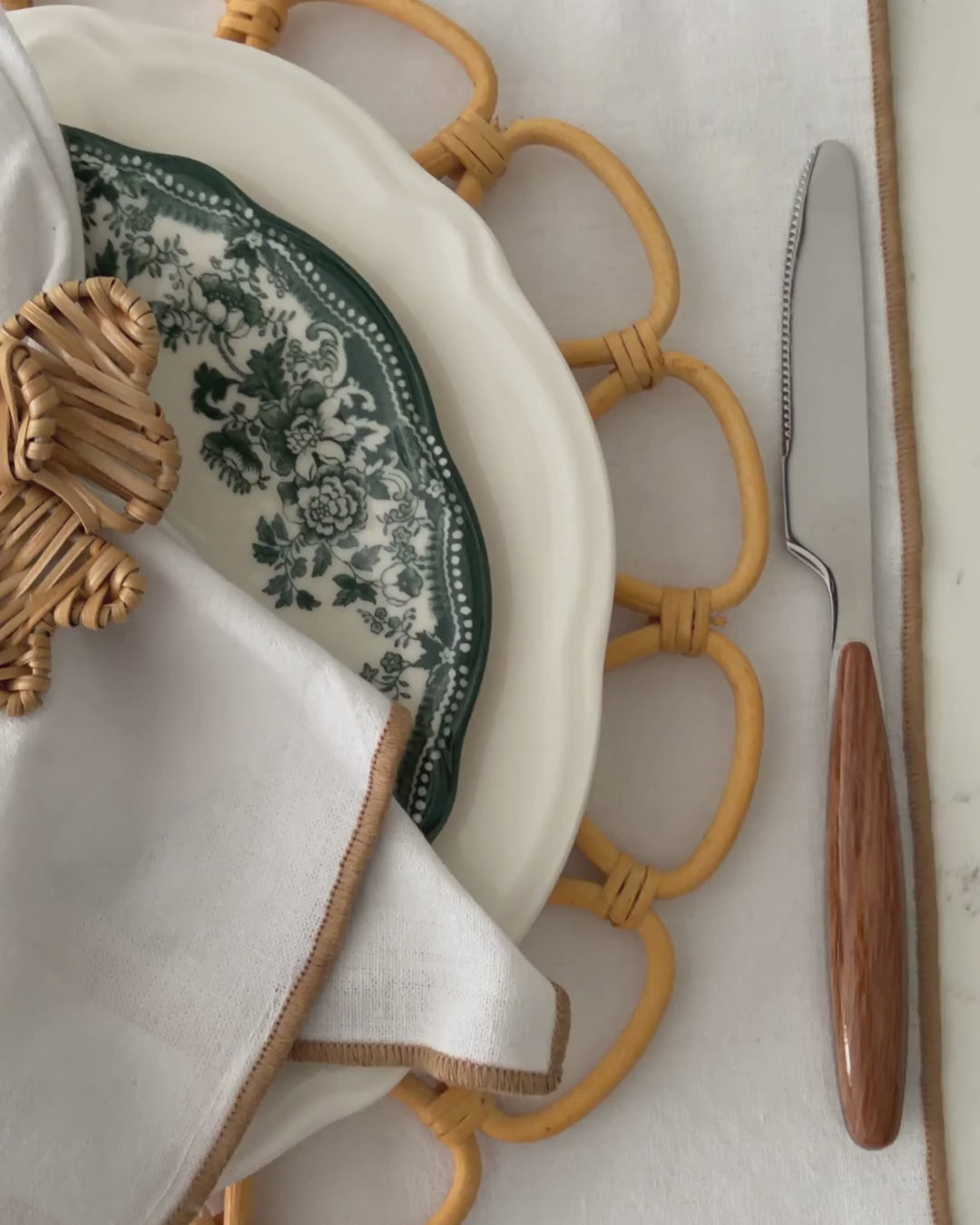 Handwoven Double Bow Rattan Napkin Rings styled for an elegant natural table setting by Matisa Deco.