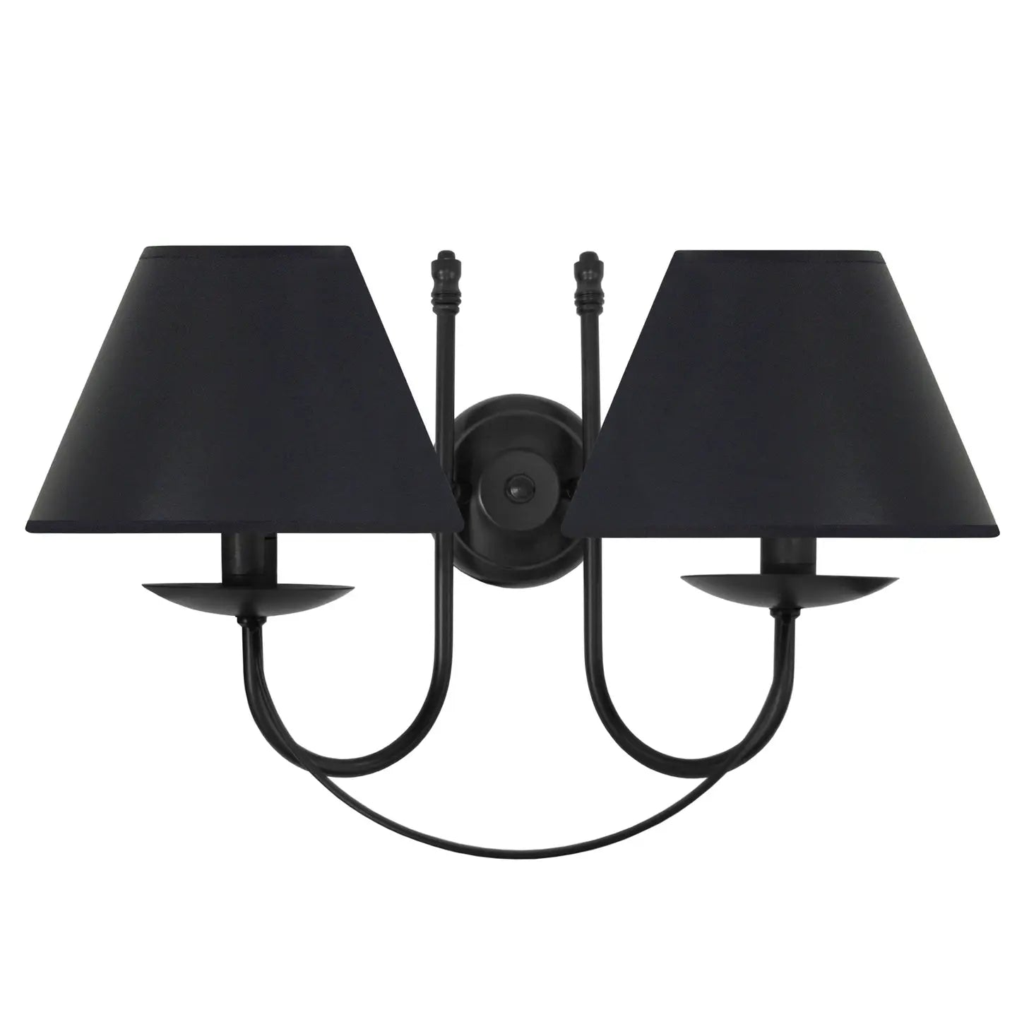 Provençale handmade black metal wall sconce with two lights and black empire fabric shades