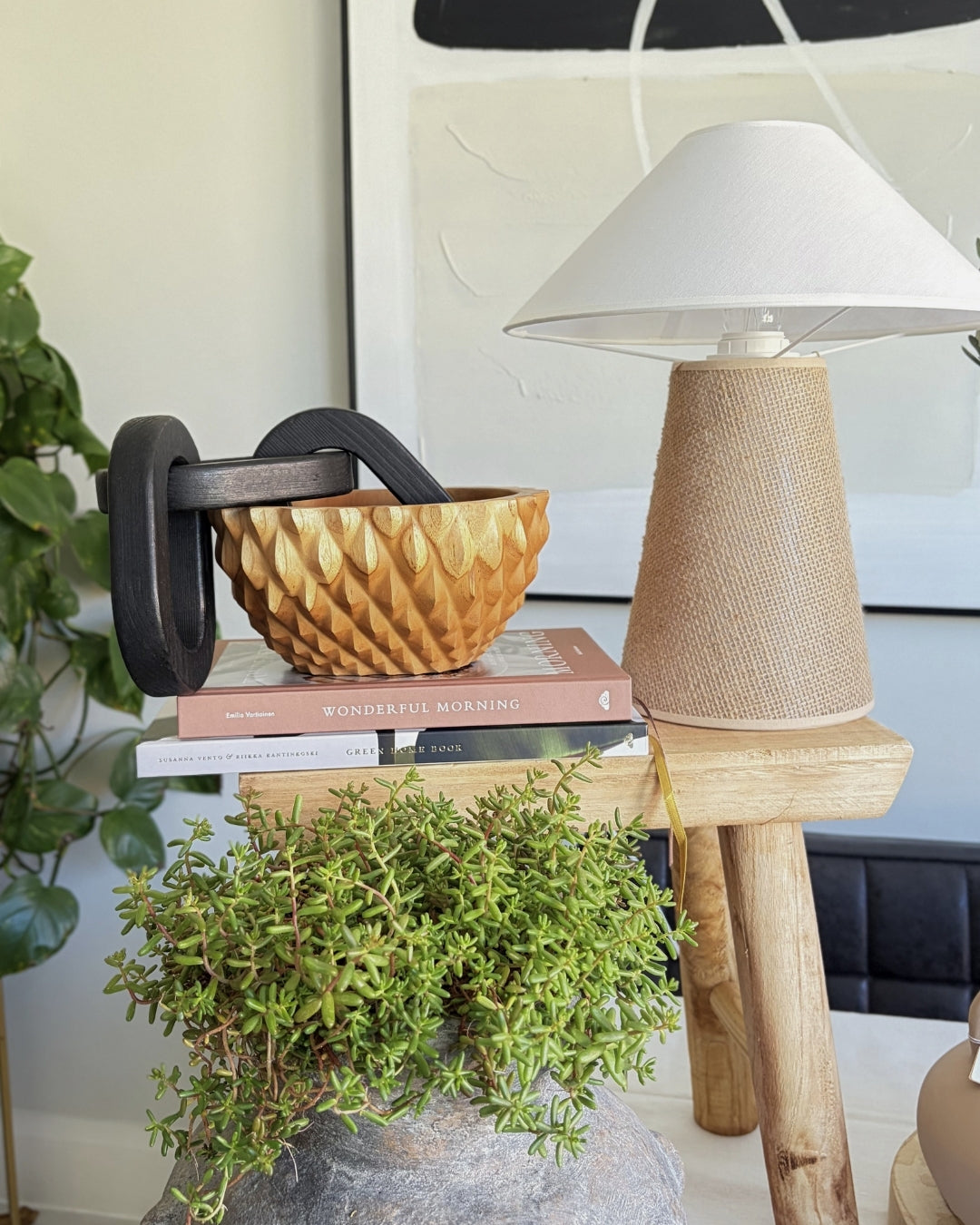Decorative setup with a woven lamp, books, and plants on a shelf.