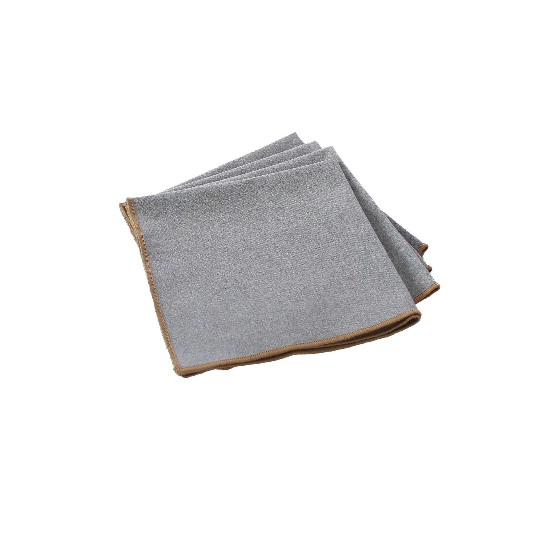 Set of 4 silver ash grey cloth napkins with handcrafted natural jute trim made from textured recycled cotton.