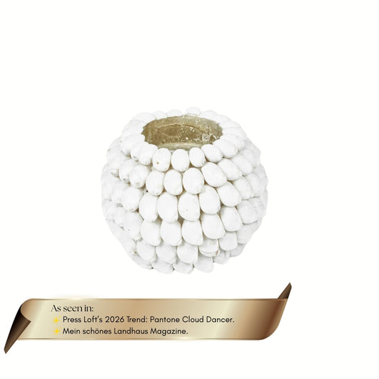 The Bubble Candle Holder in white in the white backgound with label of As see in: Press Loft 2026 Trend Selection and 