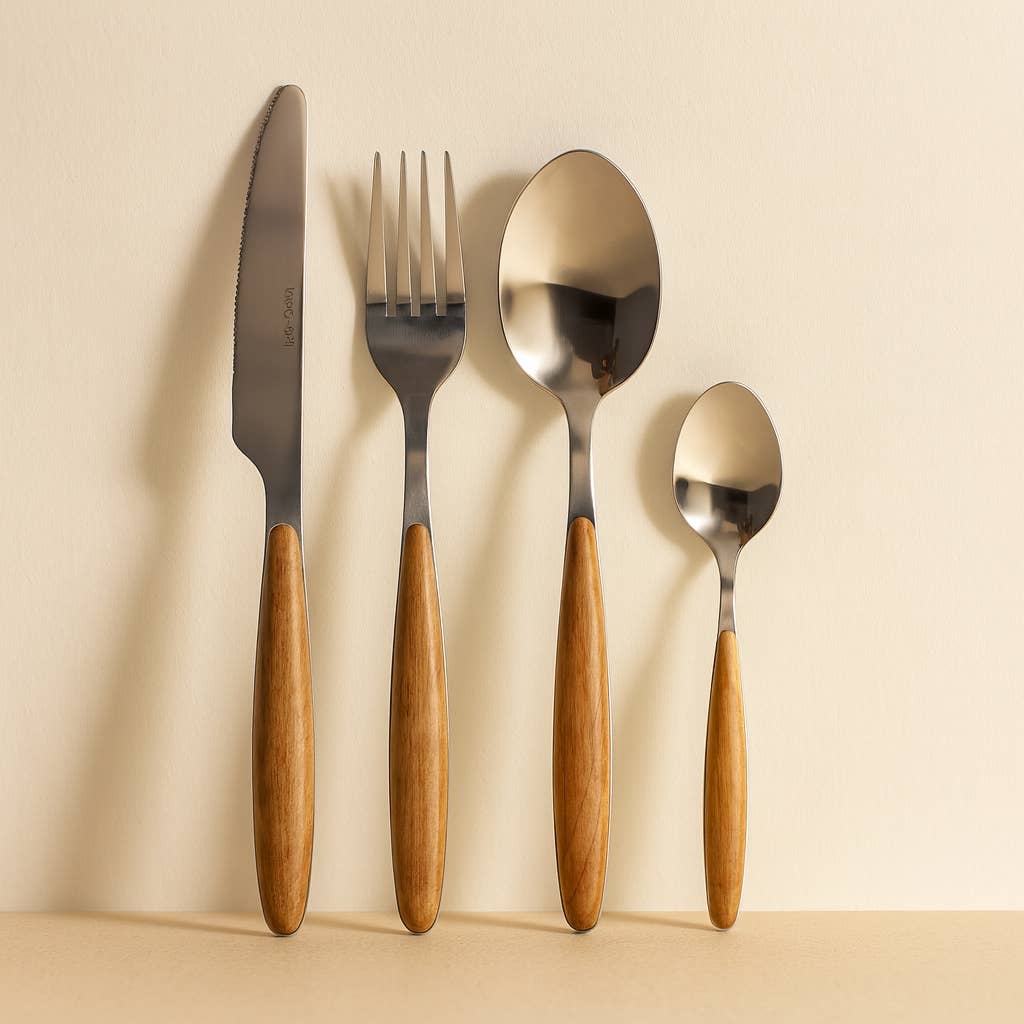 Complete 24-piece Suva cutlery set featuring natural wood-effect handles and stainless steel finish.