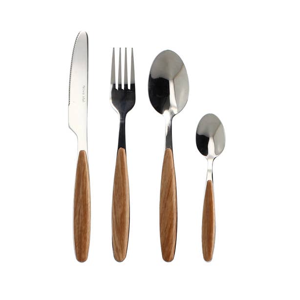 Detailed view of the organic wood-grain finish on the Suva stainless steel cutlery.