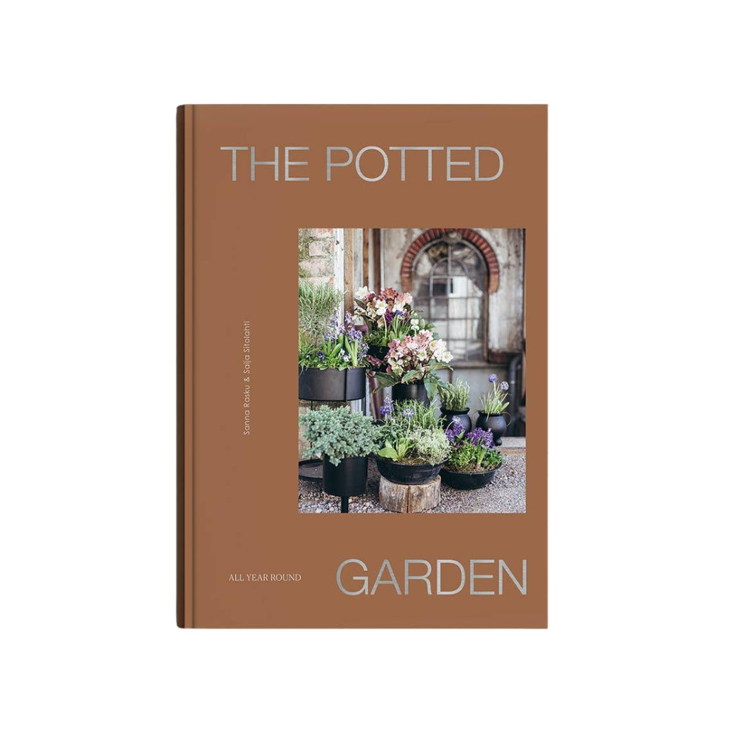 The Potted Garden book by Sarah Hyde & Becky Prescott, featuring a warm brown cover with a central photograph of potted plants and flowers, set against a plain white background.