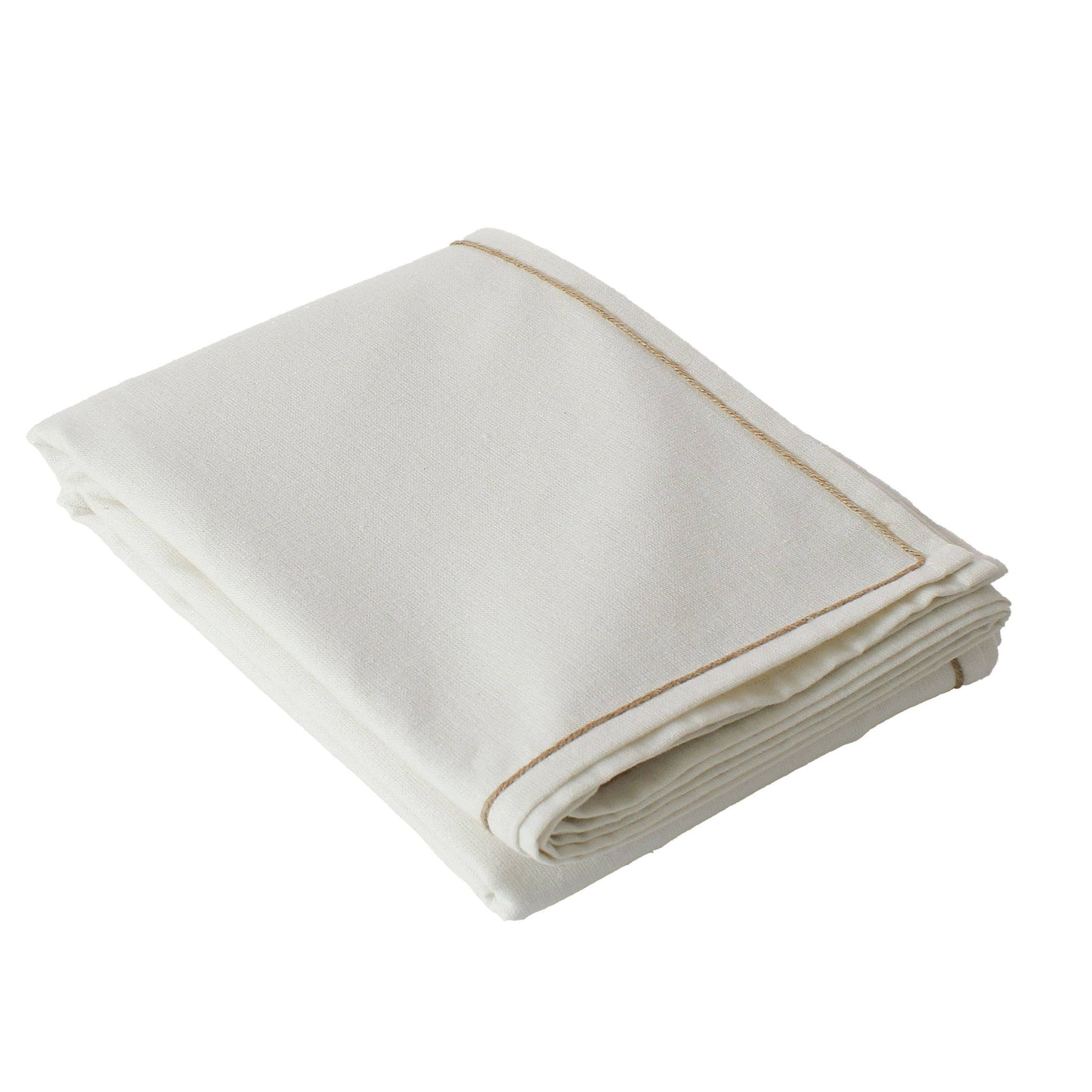 Natural Beige water repellent tablecloth with handcrafted jute trim showing the unique texture of recycled cotton fibers.