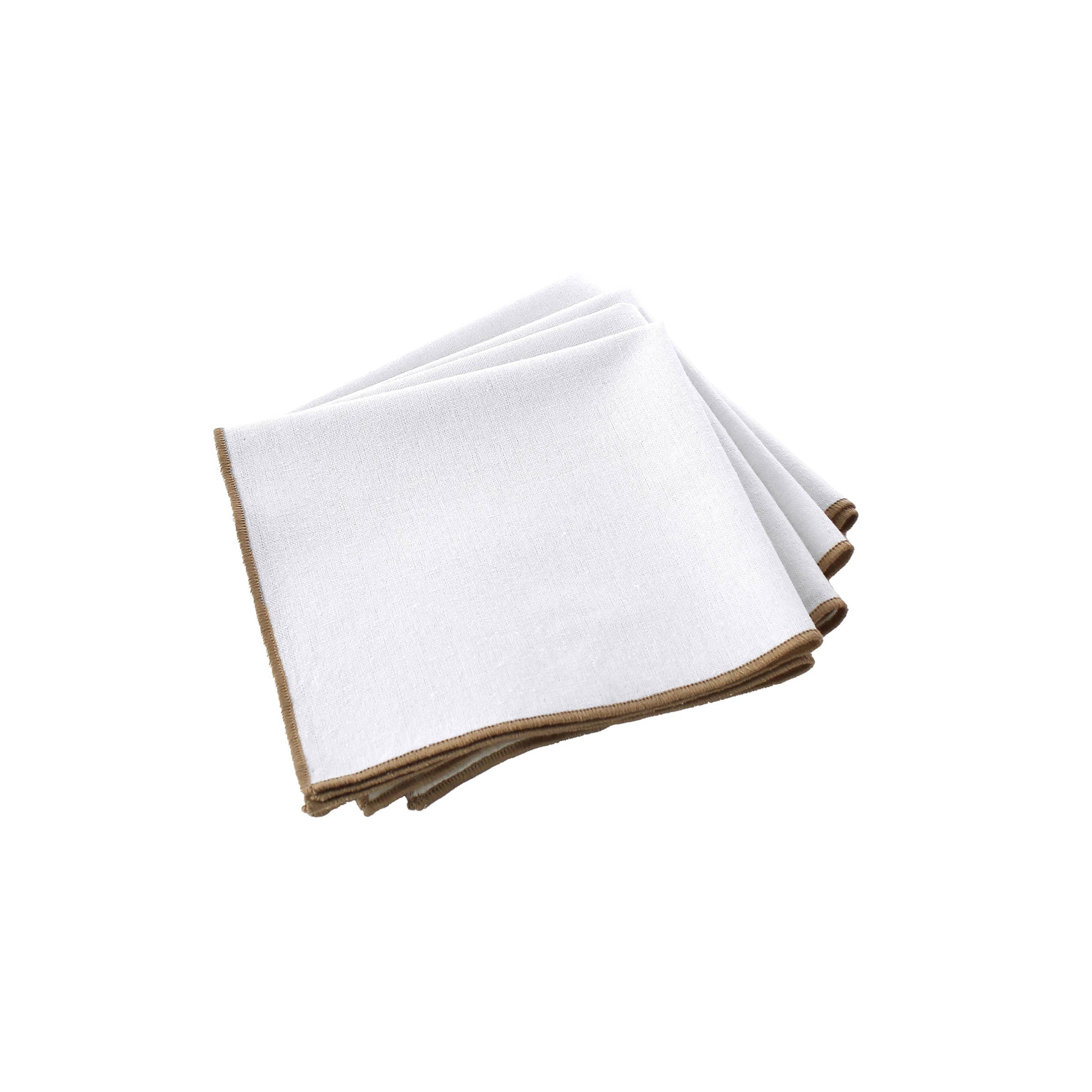 Set of 4 crisp white cloth napkins with handcrafted natural jute trim made from textured recycled cotton.