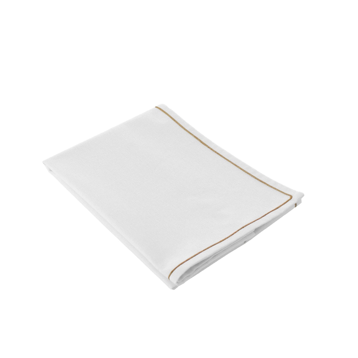 Crisp white water repellent table runner with handcrafted natural jute trim made from textured recycled cotton.